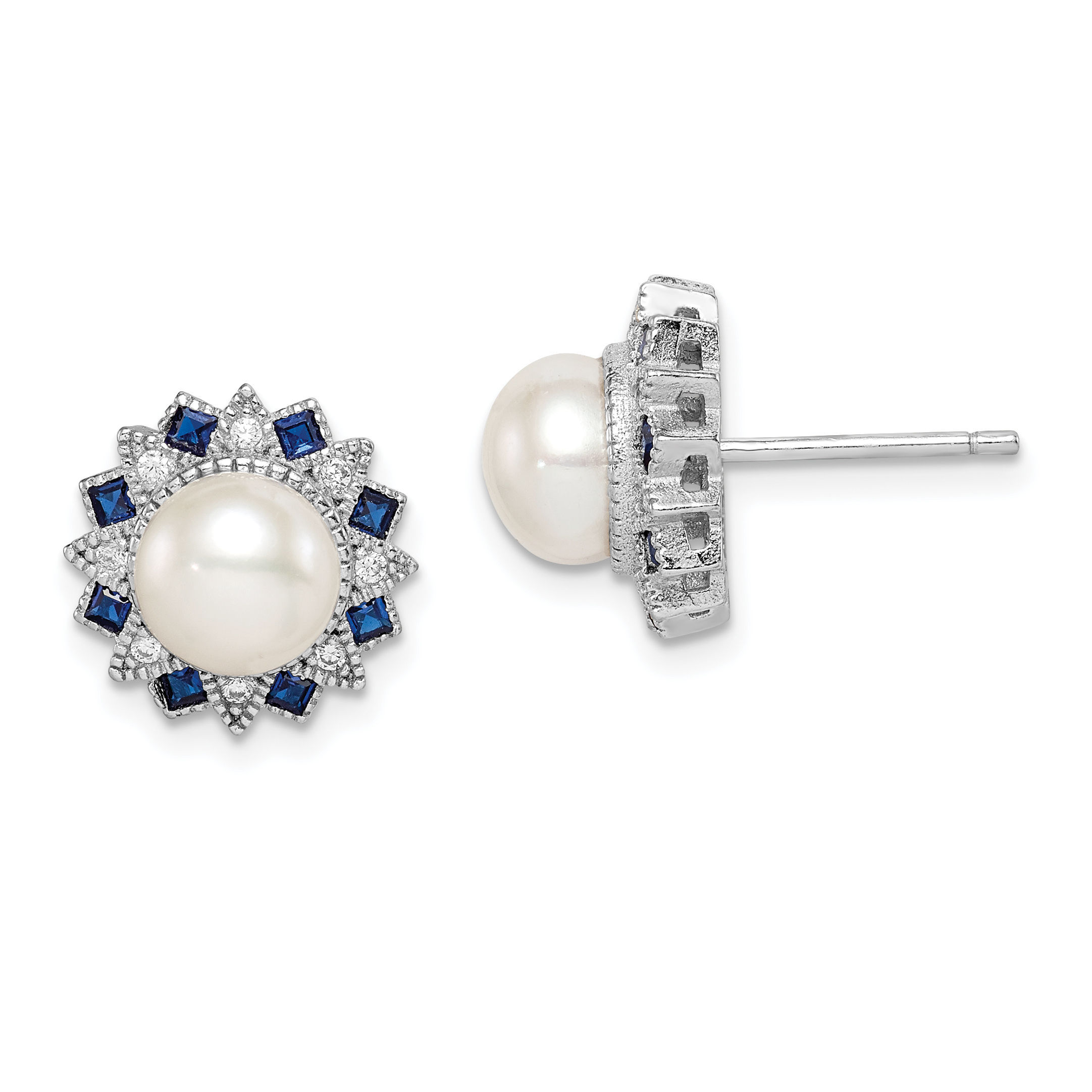 Sterling Silver RH-plated FWC Pearl/Syn. Blue Spinel/CZ Earrings (QE14231)