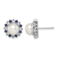 Sterling Silver RH-plated Fwc Pearl Syn. Blue Spinel CZ Earrings view 1