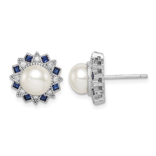 Sterling Silver RH-plated Fwc Pearl Syn. Blue Spinel CZ Earrings