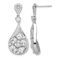 Sterling Silver RH-plated Polished Fancy CZ Teardrop Post Dangle Earrings view 1