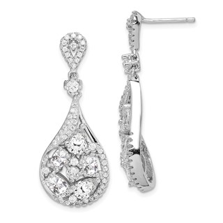 Sterling Silver RH-plated Polished Fancy CZ Teardrop Post Dangle Earrings