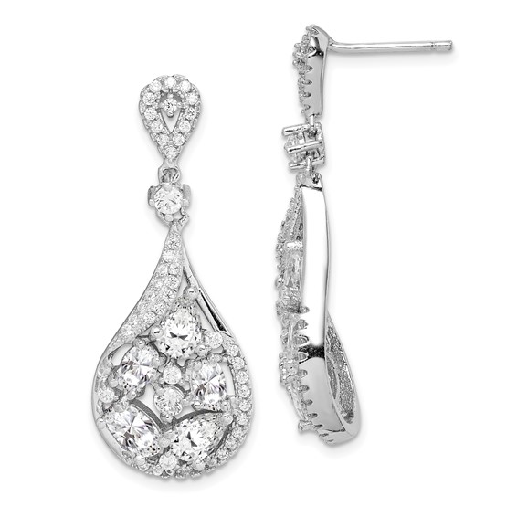Sterling Silver RH-plated Polished Fancy CZ Teardrop Post Dangle Earrings