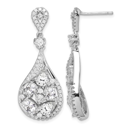 Sterling Silver RH-plated Polished Fancy CZ Teardrop Post Dangle Earrings