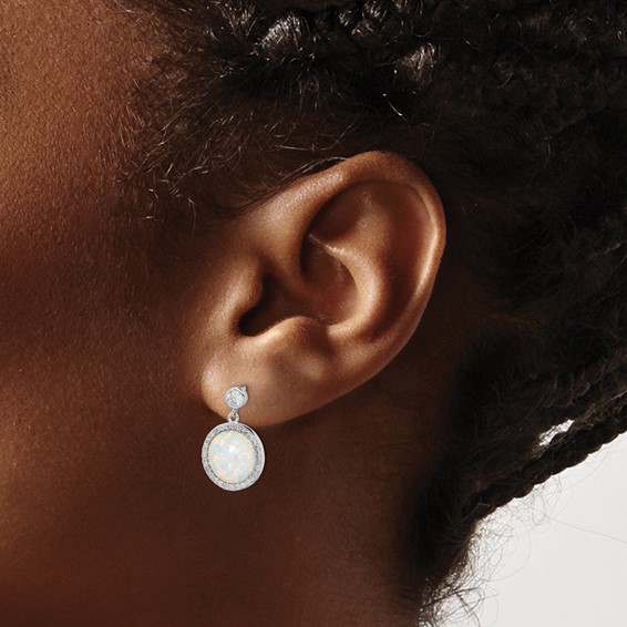 Sterling Silver Rhodium-plated Lab Created Opal and CZ Dangle Earrings