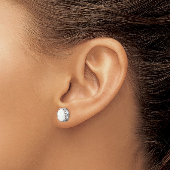 Sterling Silver Rhodium-plated 6mm Oval Created Opal Post Earrings