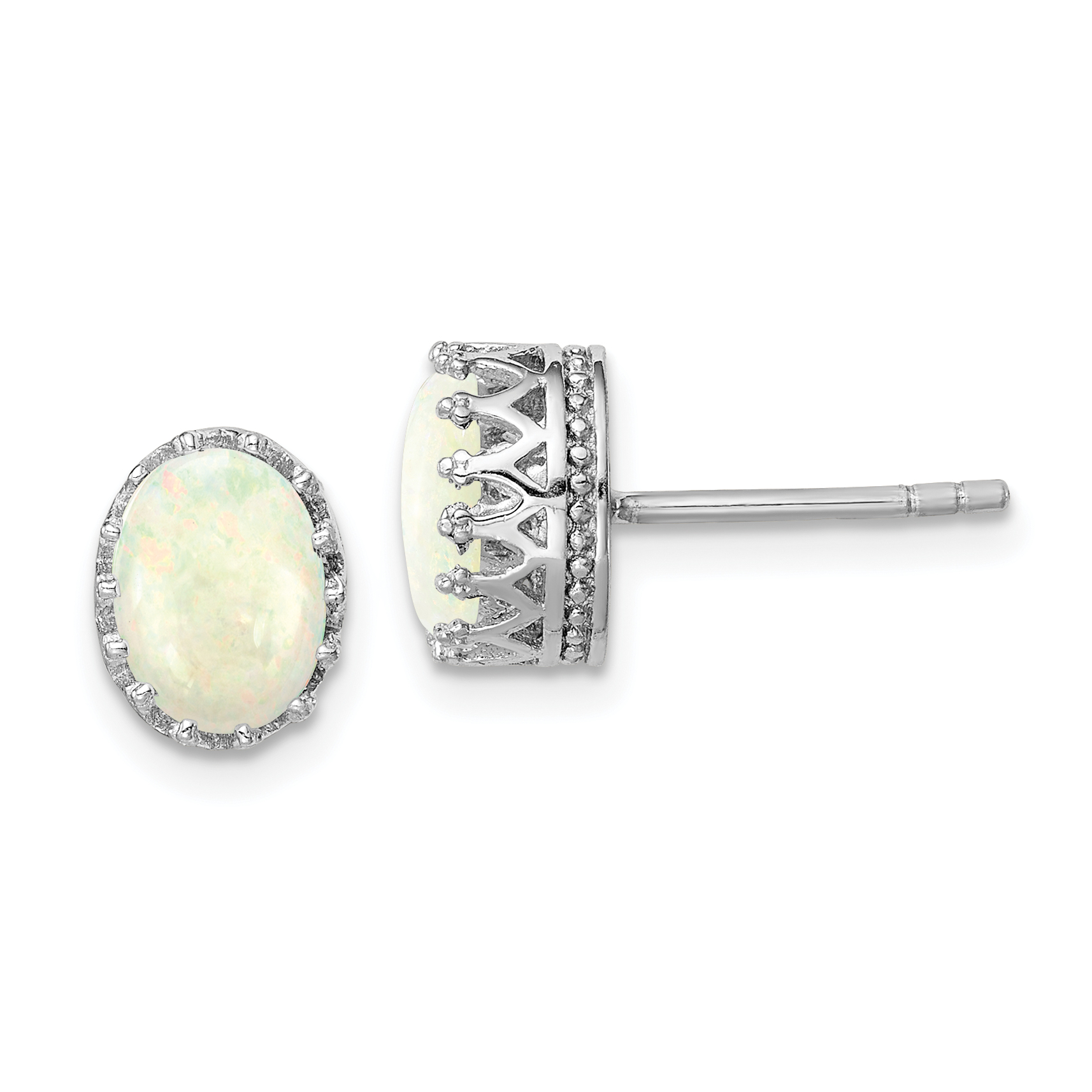 Sterling Silver Rhodium-plated 6mm Oval Created Opal Post Earrings (QE14259)