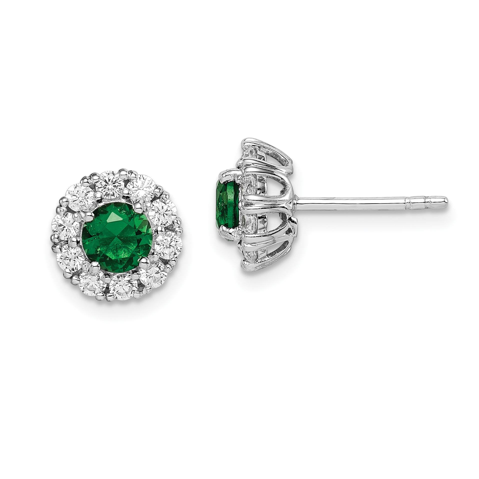 Sterling Silver Rhodium-plated Green and White CZ Halo Post Earrings (QE14263)