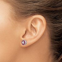 Sterling Silver Rhodium-plated CZ Created Ruby Halo Post Earrings view 3