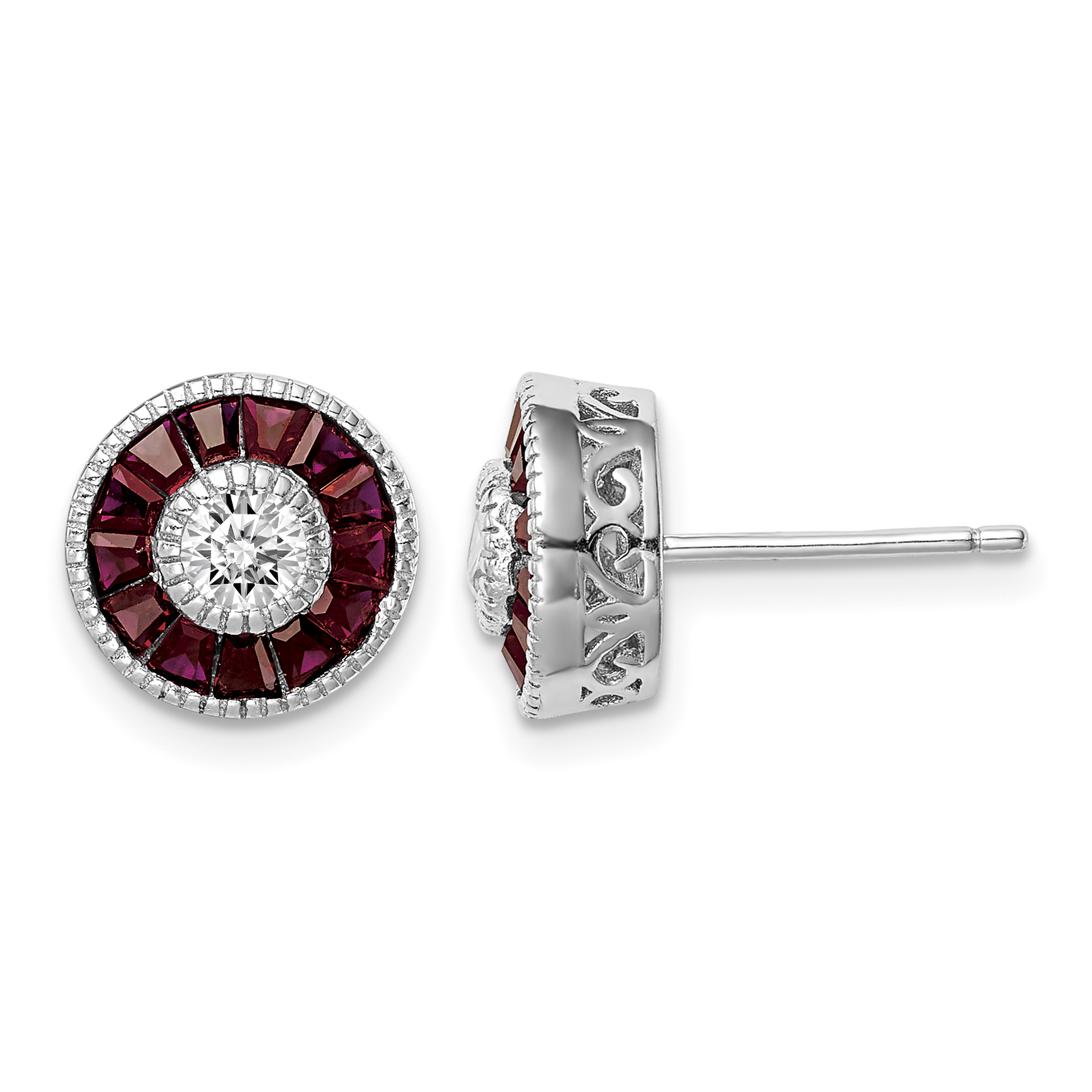Sterling Silver Rhodium-plated CZ /Created Ruby Halo Post Earrings (QE14267)