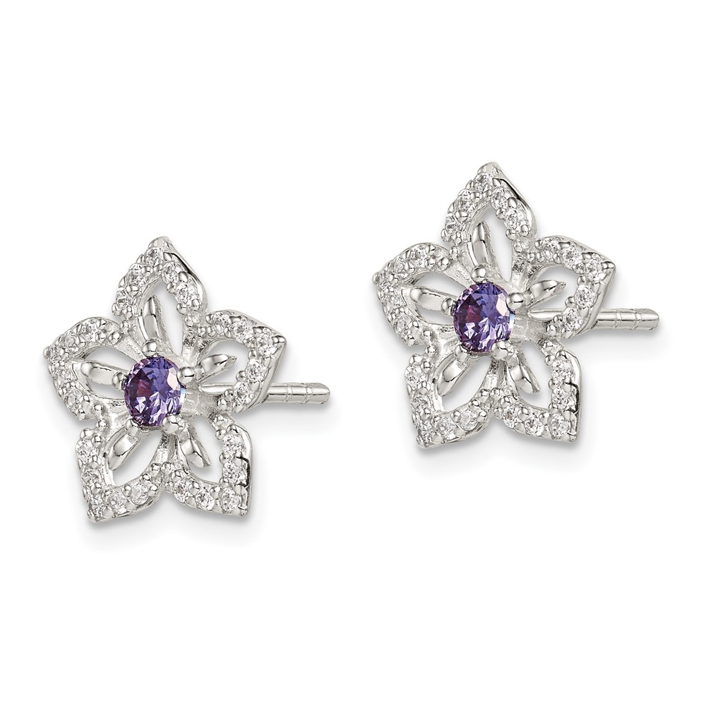 Sterling Silver Purple and Clear CZ Flower Post Earrings (QE14268)