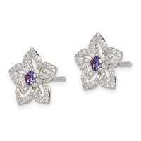 Sterling Silver Purple and Clear CZ Flower Post Earrings view 2