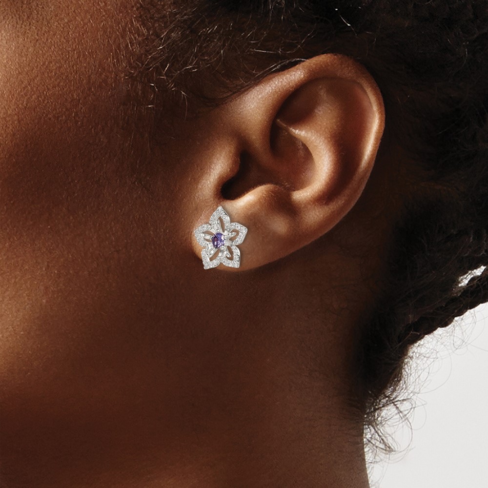 Sterling Silver Purple and Clear CZ Flower Post Earrings (QE14268)