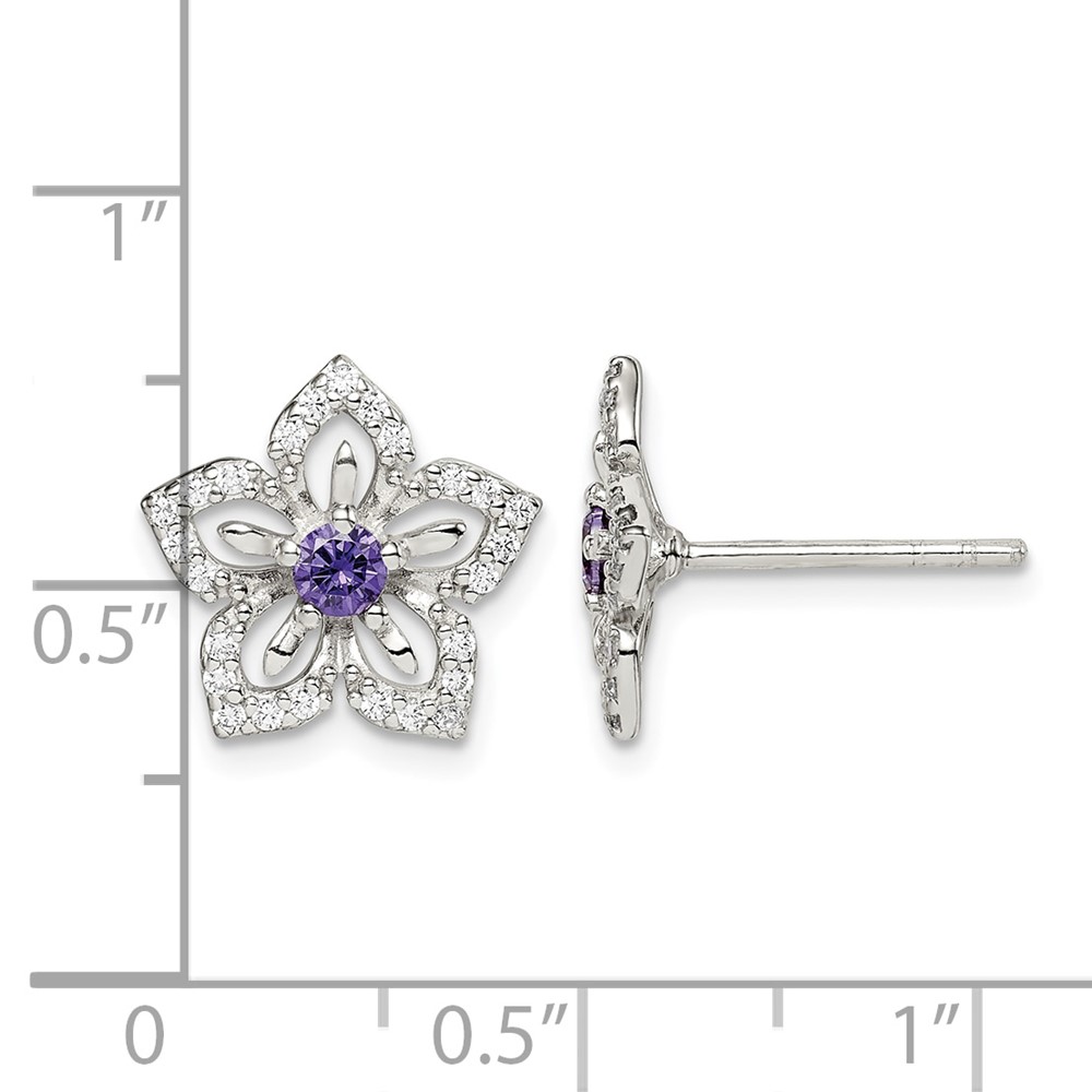 Sterling Silver Purple and Clear CZ Flower Post Earrings (QE14268)