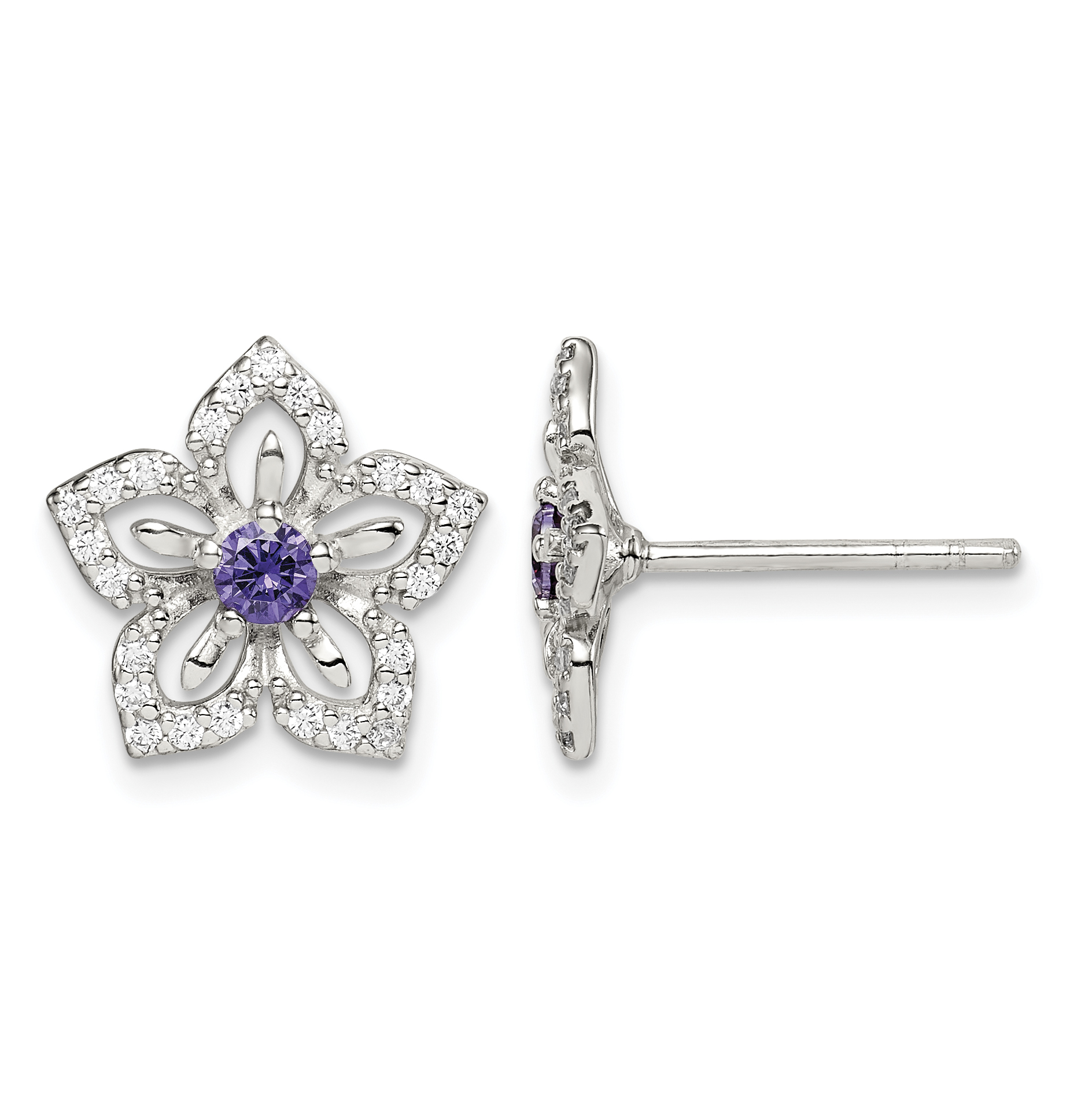 Sterling Silver Purple and Clear CZ Flower Post Earrings (QE14268)