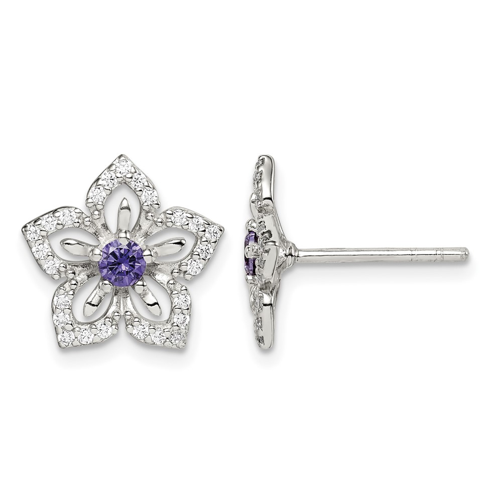 Sterling Silver Purple and Clear CZ Flower Post Earrings (QE14268)