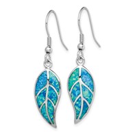 Sterling Silver Rhodium-plated Created Blue Opal Leaf Dangle Earrings view 2