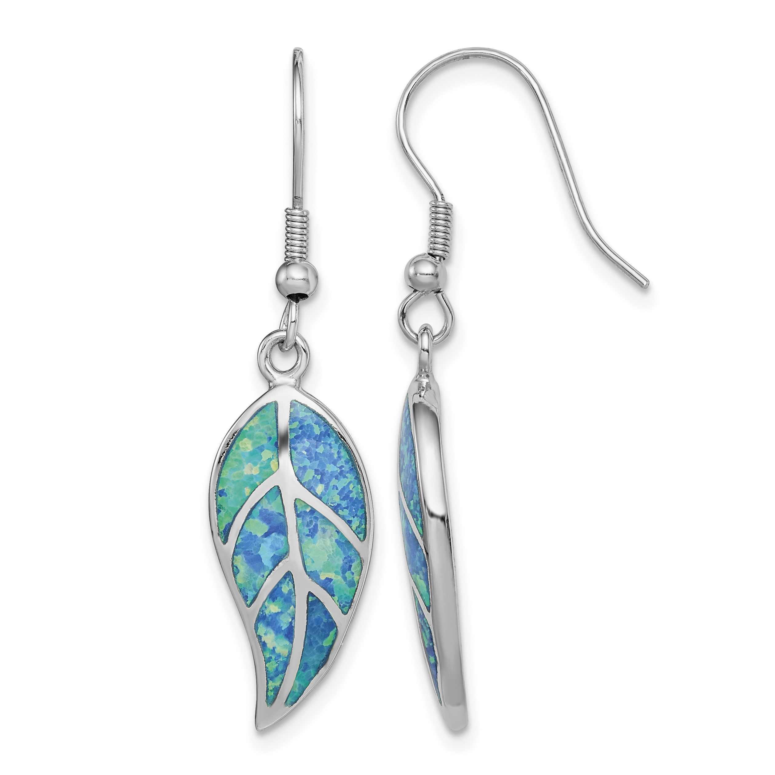 Sterling Silver Rhodium-plated Created Blue Opal Leaf Dangle Earrings (QE14290)