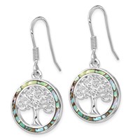 Sterling Silver Rhodium-plated Abalone Circle Earrings with Tree Dangle view 2
