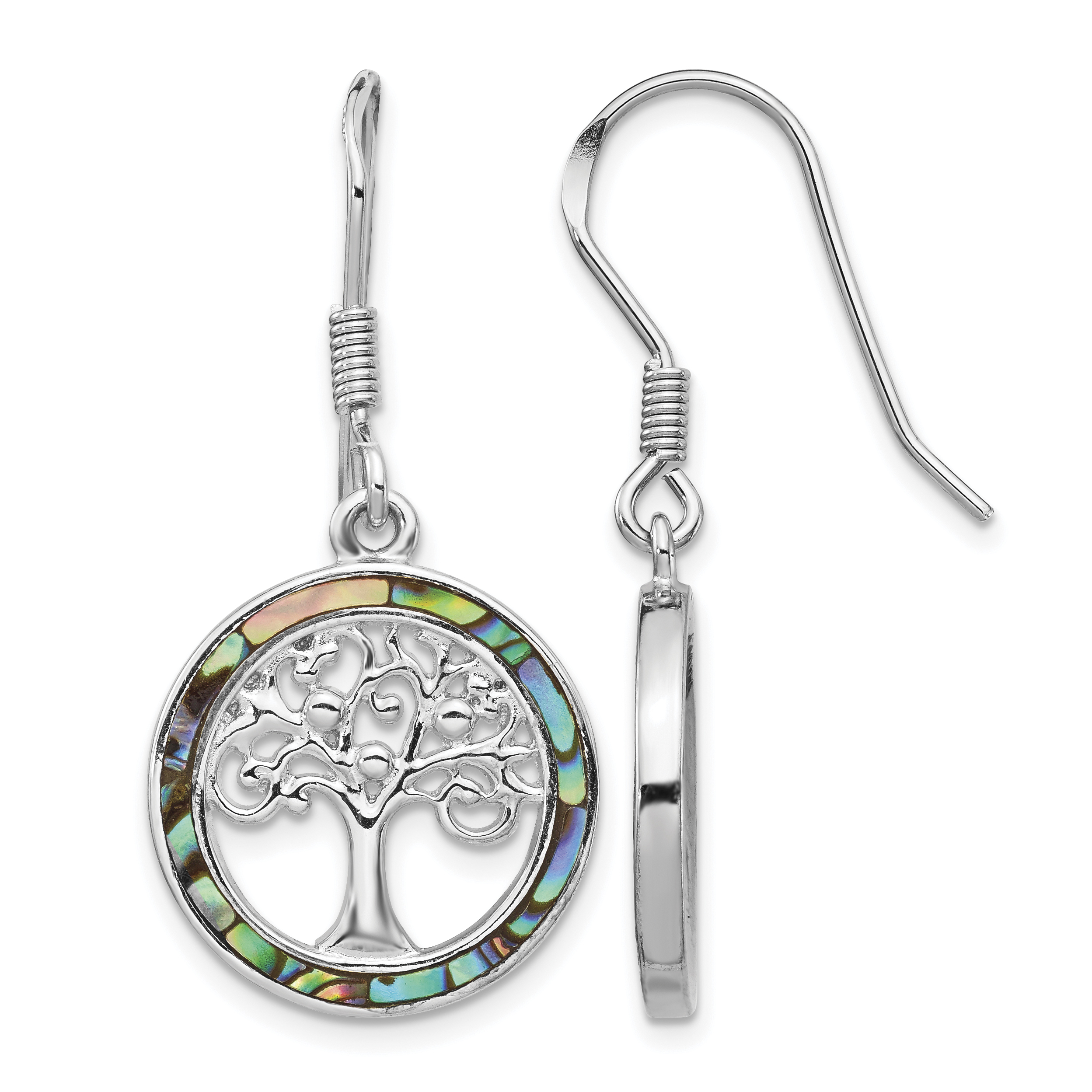 Sterling Silver Rhodium-plated Abalone Circle w/ Tree Dangle Earrings (QE14293)
