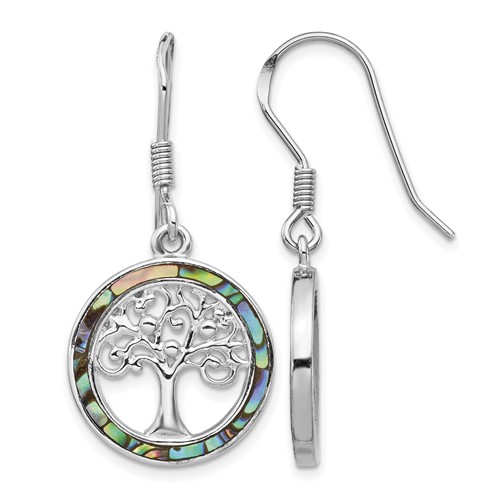 Sterling Silver Rhodium-plated Abalone Circle Earrings with Tree Dangle