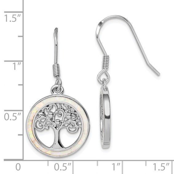Sterling Silver Rhod-plated Creat Opal Circle w/ Tree Dangle Earrings
