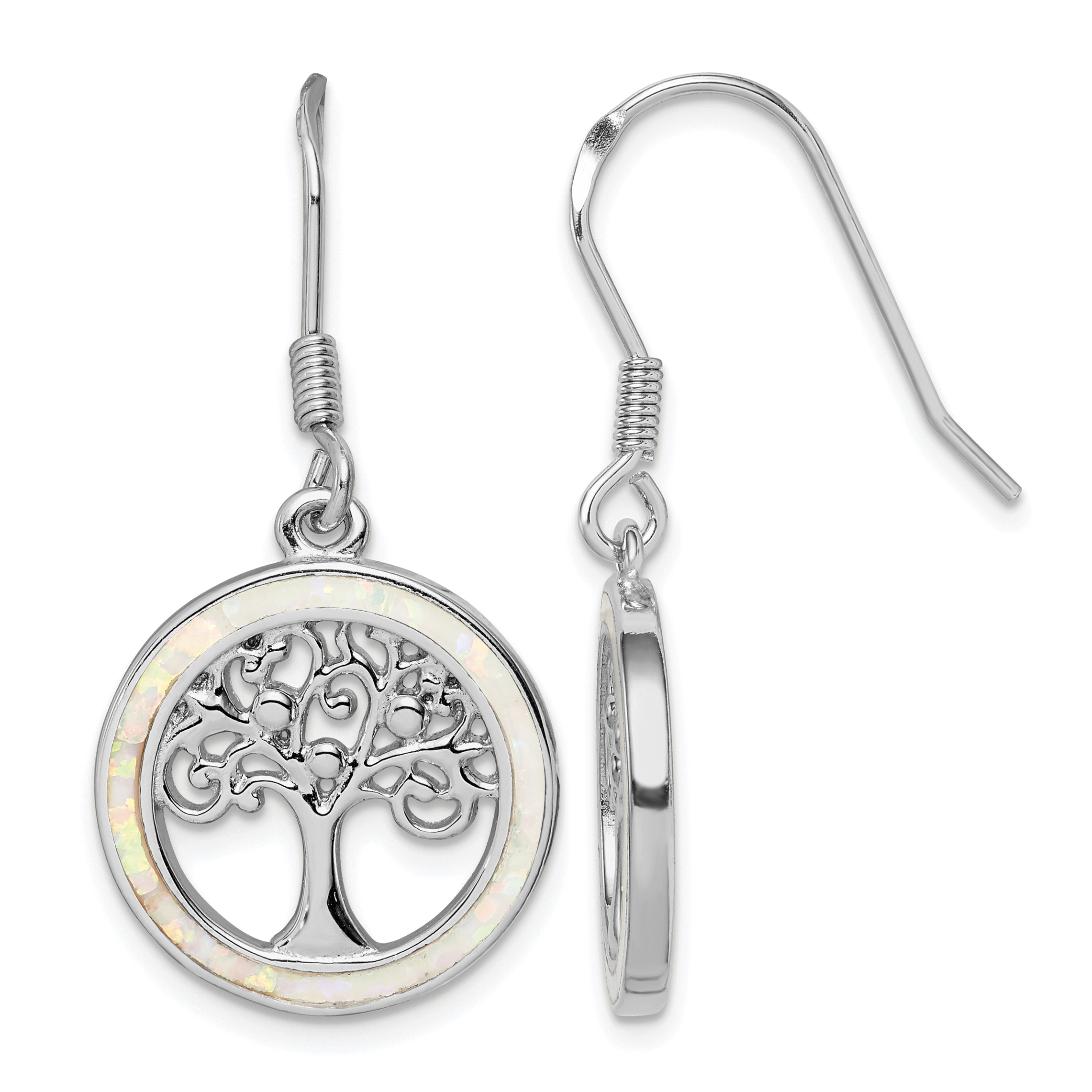 Sterling Silver Rhod-plated Creat Opal Circle w/ Tree Dangle Earrings (QE14295)