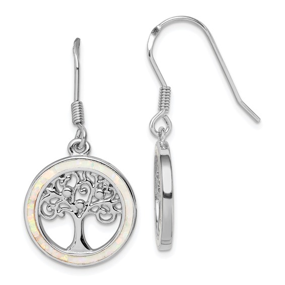Sterling Silver Rhod-plated Creat Opal Circle w/ Tree Dangle Earrings