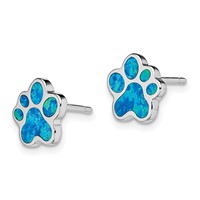 Sterling Silver Rhodium-plated Blue Created Opal Paw Print Post Earrings view 2