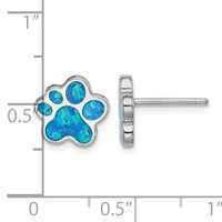 Sterling Silver Rhodium-plated Blue Created Opal Paw Print Post Earrings view 4