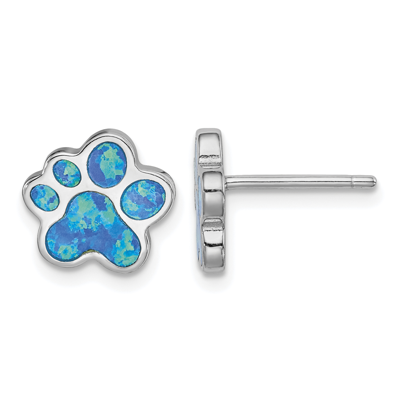 Sterling Silver Rhod-plated Creat Blue Opal Paw Print Post Earrings (QE14297)