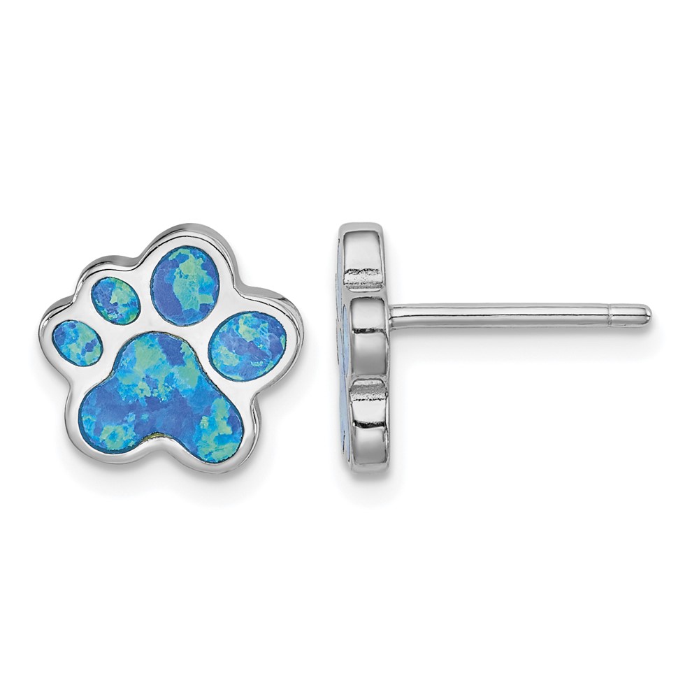 Sterling Silver Rhod-plated Creat Blue Opal Paw Print Post Earrings (QE14297)