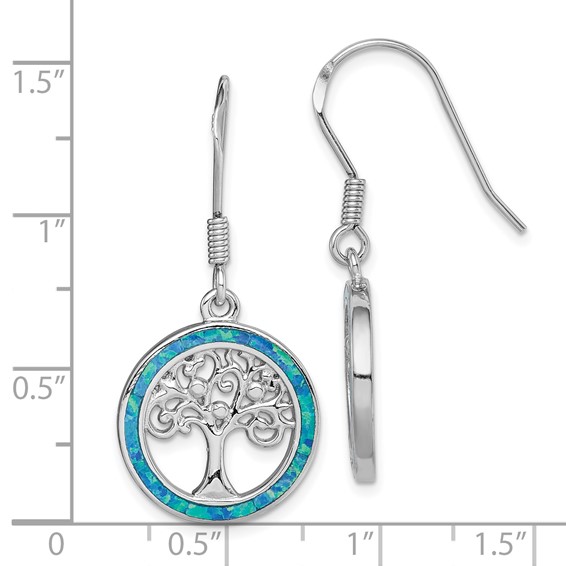 Sterling Silver Rhodium-plated Creat Blue Opal w/ Tree Dangle Earrings