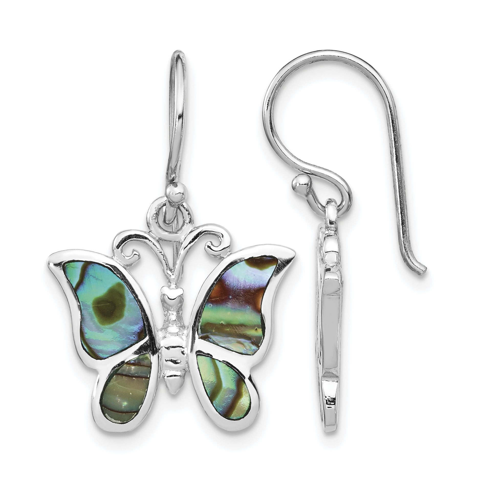 Sterling Silver Rhodium-plated Abalone Butterfly Dangle Earrings (QE14301)