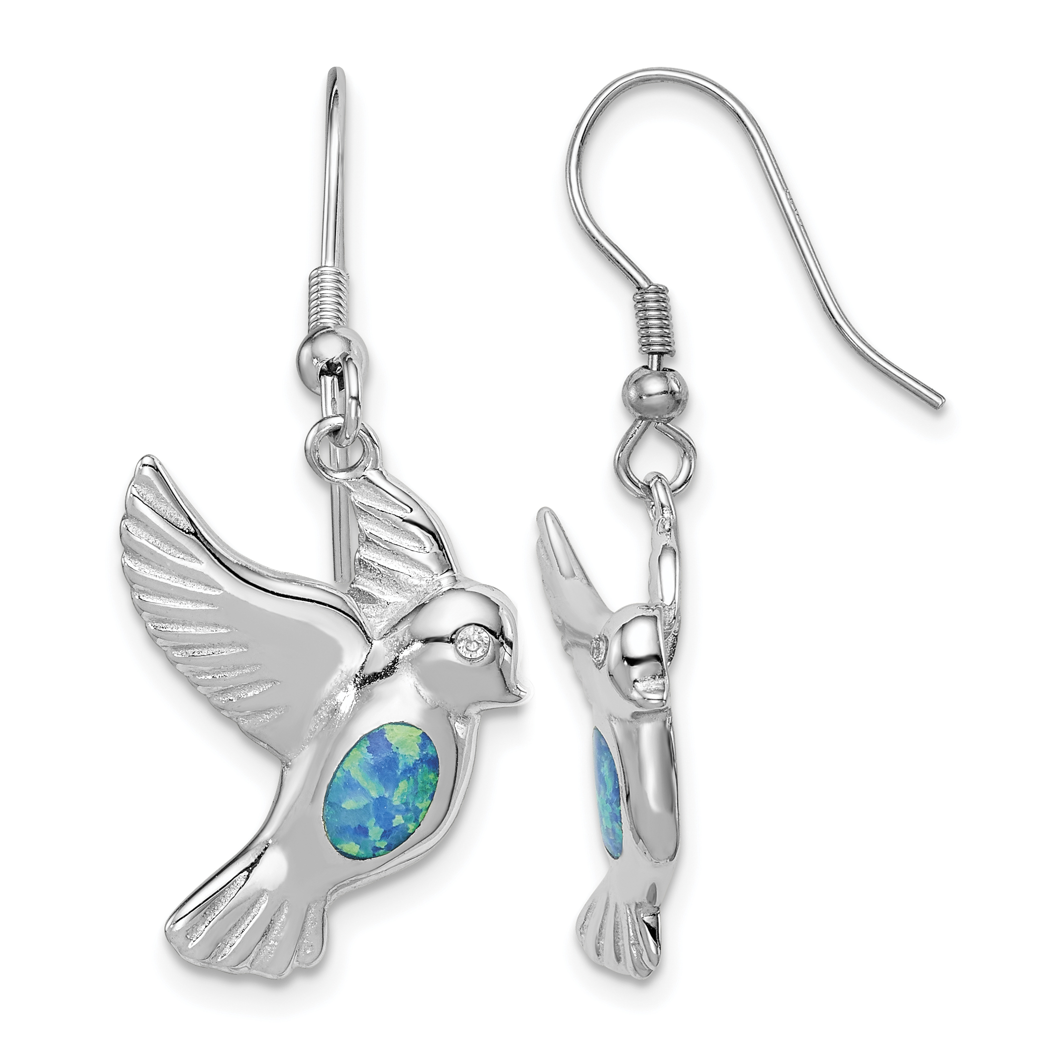 Sterling Silver Rhodium-plated Created Blue Opal Bird Dangle Earrings (QE14303)