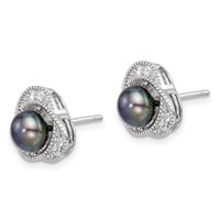 Sterling Silver Rhodium-plated 6-7mm Black Button Freshwater Cultured Pearl and White Topaz Post Earrings view 2
