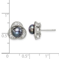 Sterling Silver Rhodium-plated 6-7mm Black Button Freshwater Cultured Pearl and White Topaz Post Earrings view 4