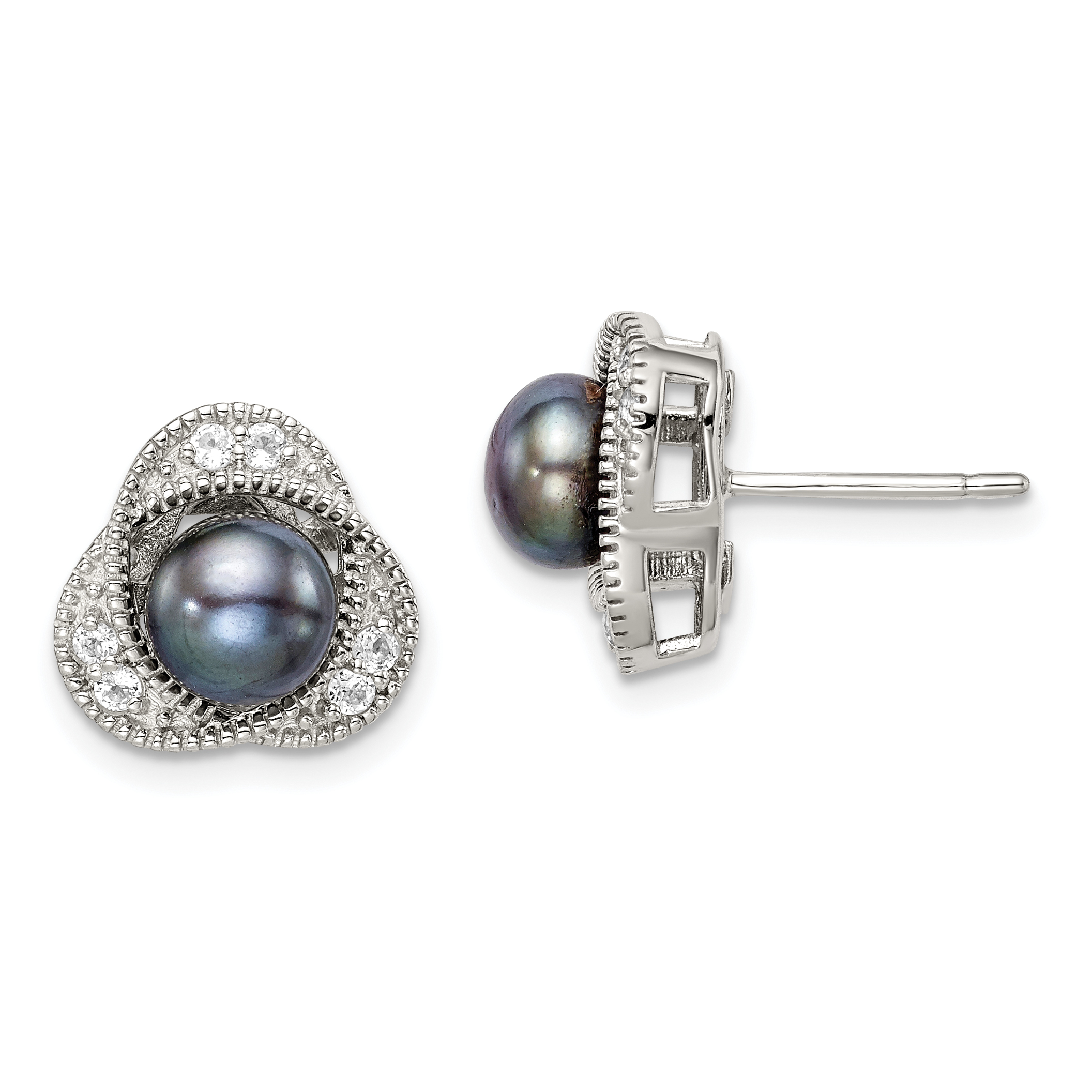 Sterling Silver Polished Black 6-7mm Freshwater Cultured Pearl and White Topaz Post Earrings (QE14311)