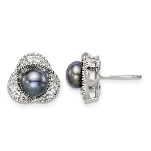 Sterling Silver Rhodium-plated 6-7mm Black Button Freshwater Cultured Pearl and White Topaz Post Earrings