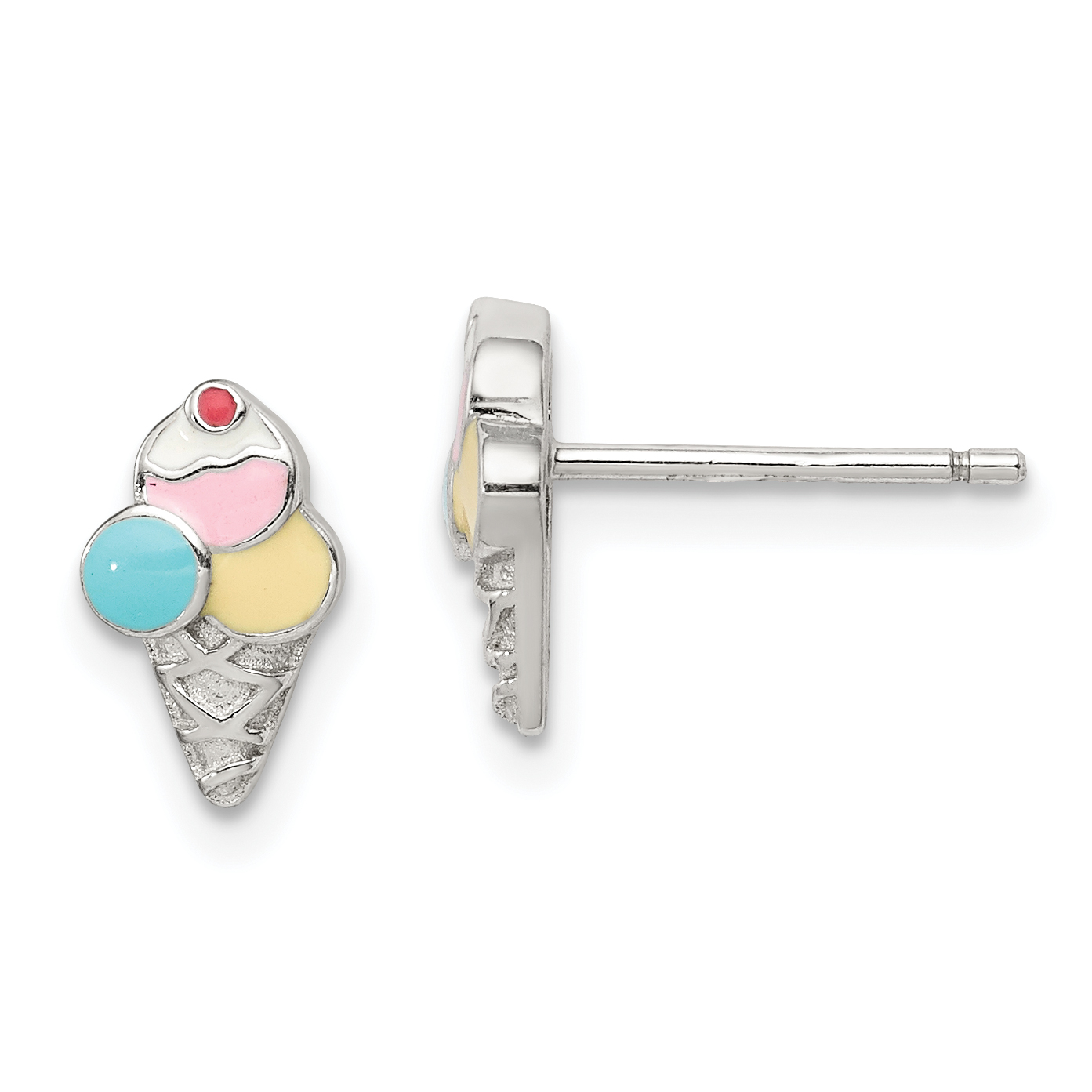 Sterling Silver Rhodium-plated Polished & Textured Multi-color Enameled Ice Cream Cone Children's Post Earrings (QE14330)