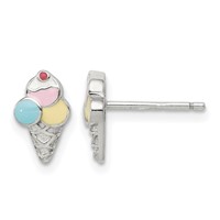 Sterling Silver Rhodium-plated Polished & Textured Multi-color Enameled Ice Cream Cone Post Earrings view 1