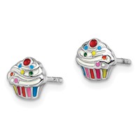 Sterling Silver Rhodium-plated Polished & Multi-color Enameled Cupcake Children's Post Earrings view 2