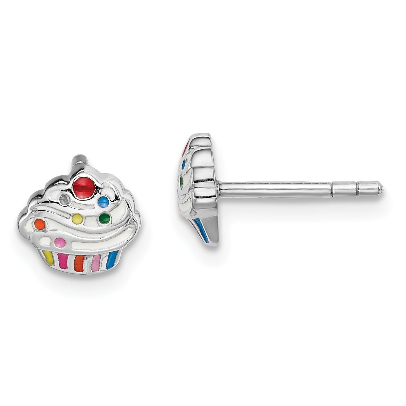 Sterling Silver Rhodium-plated Polished & Multi-color Enameled Cupcake Children's Post Earrings (QE14333)