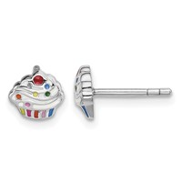 Sterling Silver Rhodium-plated Polished & Multi-color Enameled Cupcake Children's Post Earrings view 1