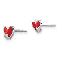 Sterling Silver Rhodium-plated Polished Red Enameled Double Heart Petite Post Earrings view 2