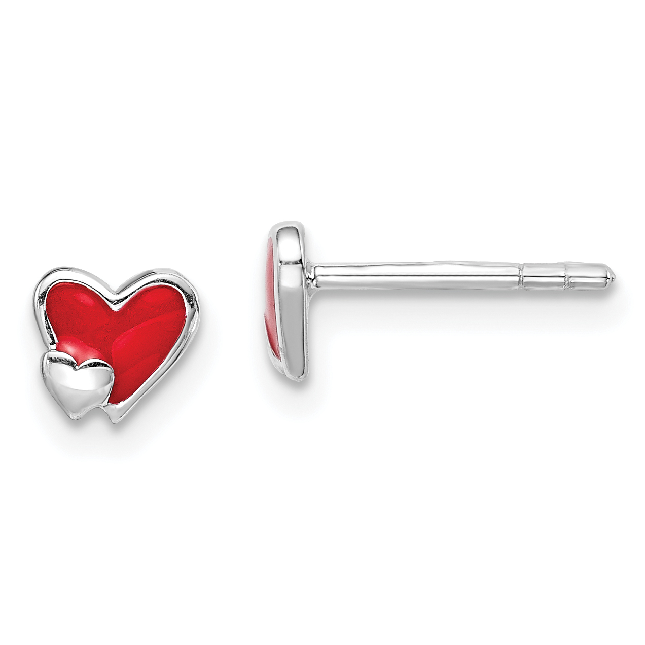 Sterling Silver Rhodium-plated Polished Red Enameled Double Heart Children's Post Earrings (QE14334)