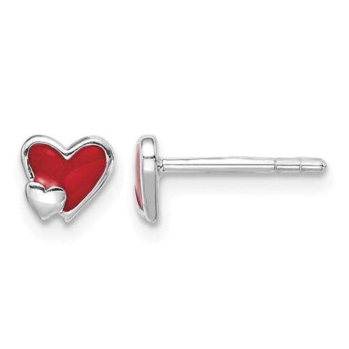 Sterling Silver Rhodium-plated Polished Red Enameled Double Heart Petite Post Earrings