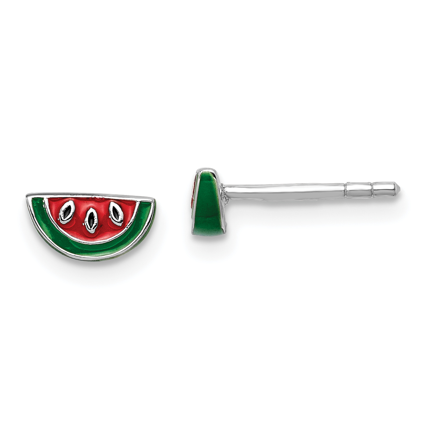 Sterling Silver Rhodium-plated Polished & Multi-color Enameled Watermelon Children's Post Earrings (QE14335)