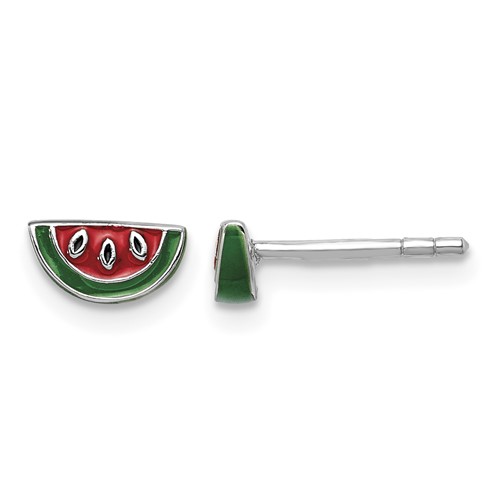 Sterling Silver Rhodium-plated Enameled Watermelon Petite Post Earrings