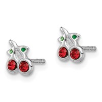Sterling Silver Rhodium-plated Polished Red & Green Crystal Cherries Petite Post Earrings view 2