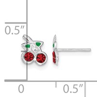 Sterling Silver Rhodium-plated Polished Red & Green Crystal Cherries Petite Post Earrings view 4